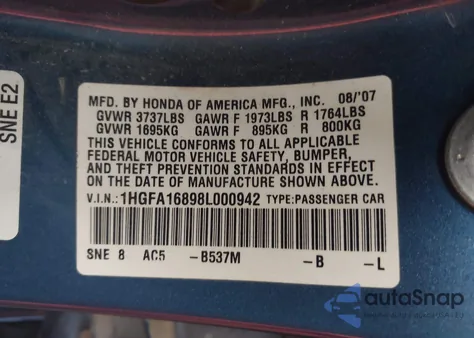 2008 Honda Civic Ex from USA, damaged, VIN 1HGFA16898L000942